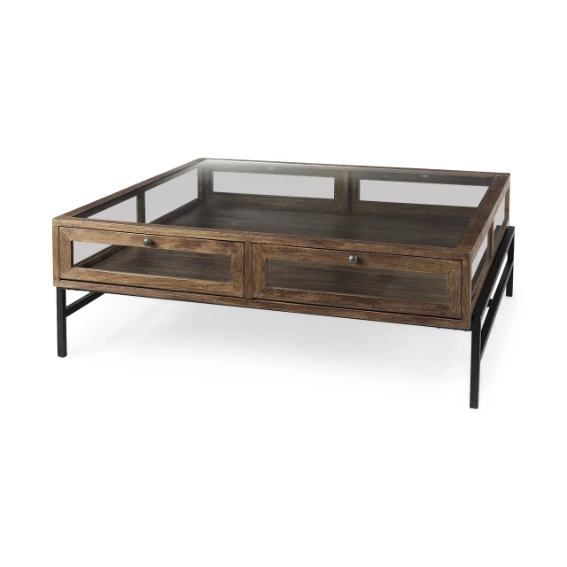 Glass metal square coffee table with shelf and hardwood finish