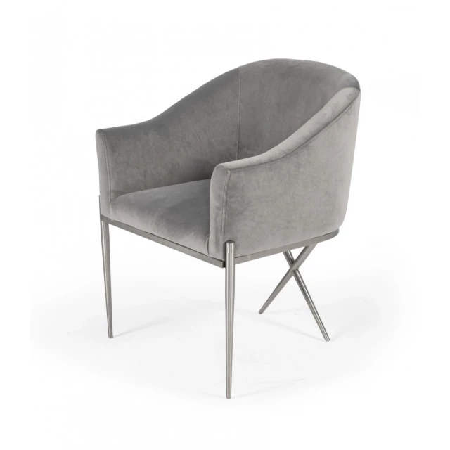 Grey velvet silver solid armchair with comfortable armrests and natural wood art design