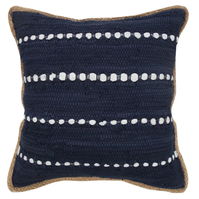 Beige striped cotton blend pillow with zippered closure and electric blue accent