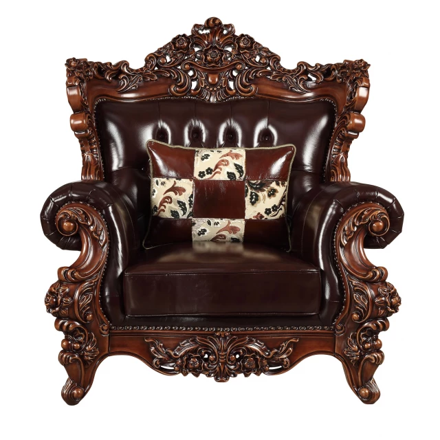 Espresso faux leather tufted wingback chair with brown wood accents