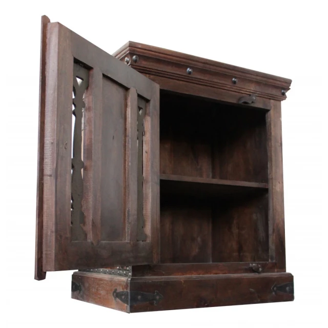 Brown nightstand with wood stain and shelving detail