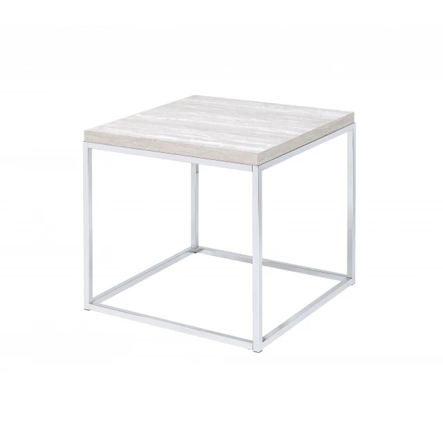 Manufactured wood and metal square end table with glass and composite materials