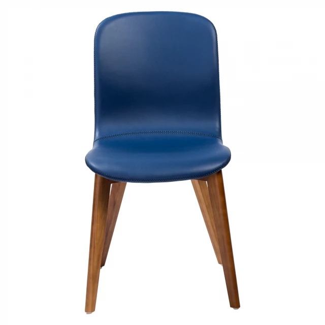Leather walnut dining or side chairs with wood comfort and electric blue accent