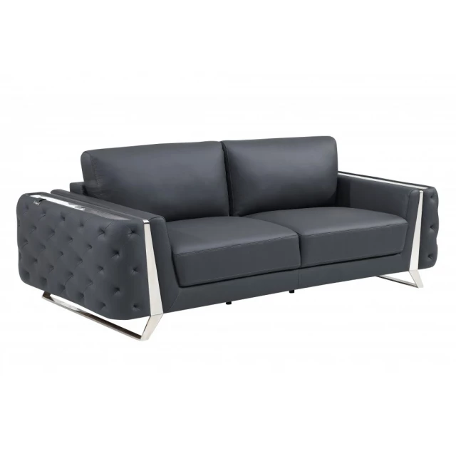 Gray silver Italian leather sofa with comfortable armrests and studio couch design