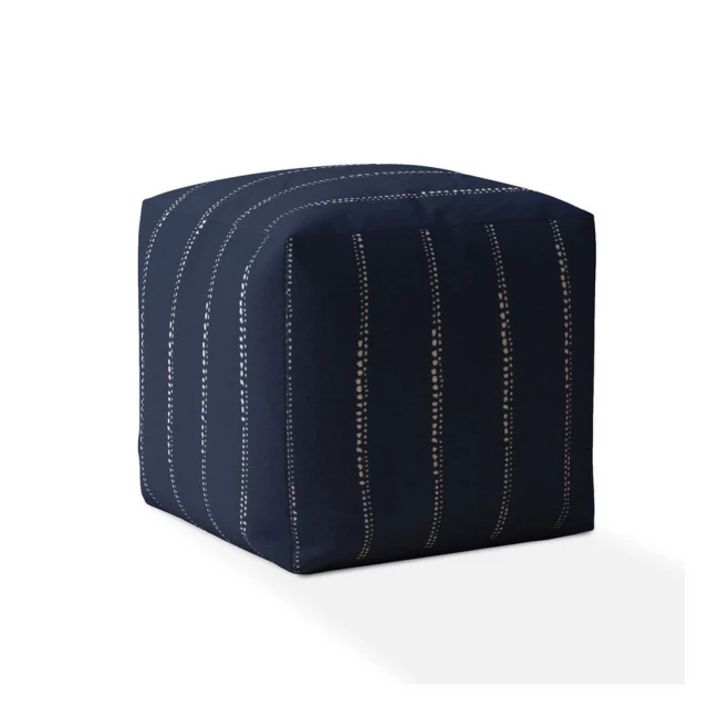 Blue cotton striped pouf ottoman with electric blue accents in a rectangle shape designed for home decor