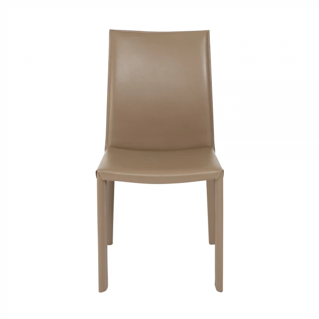 Taupe upholstered leather dining side chairs with wood legs and comfortable hardwood frame
