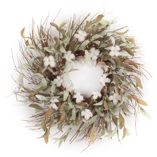 Green and white artificial cotton wreath with floral design suitable for events