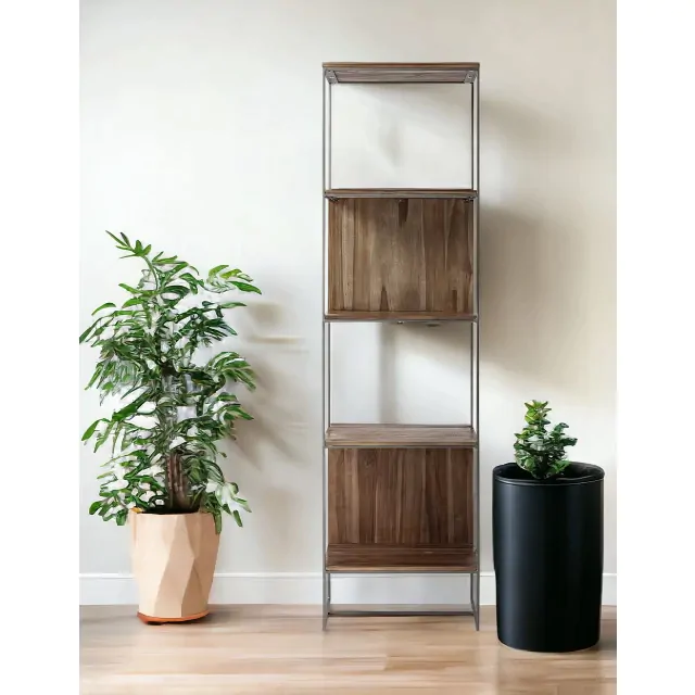 Brown Wood And Silver Metal Frame With 4 Shelf Shelving Unit Brown Wood And Silver Metal Frame With 4 Shelf Shelving Unit