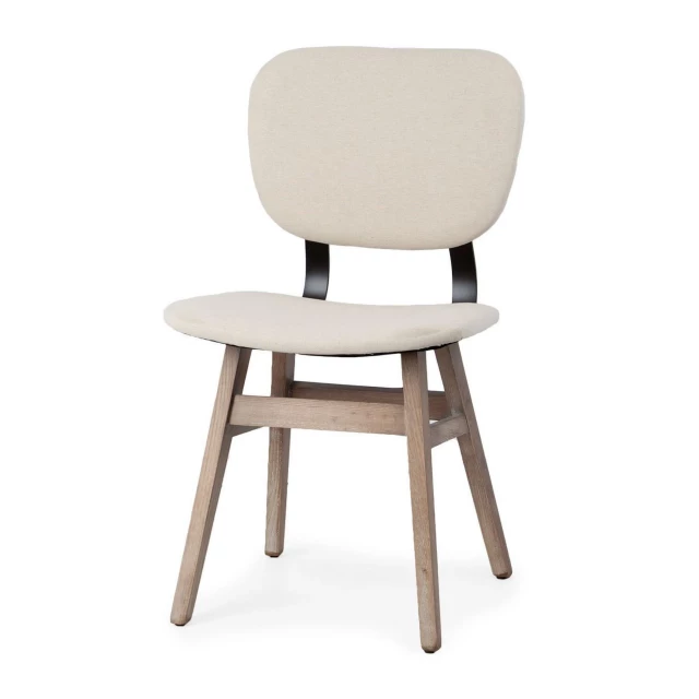 Upholstered fabric open back side chairs with wood and plastic elements in outdoor setting
