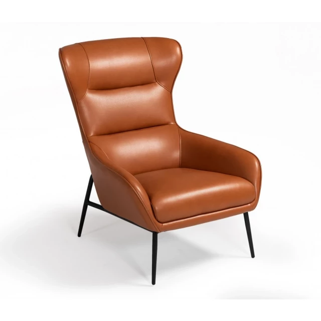 Industrial orange leather metal lounge chair with wood armrests and comfortable design