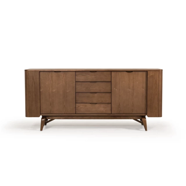 Walnut wood veneer buffet with drawers and wood stain finish