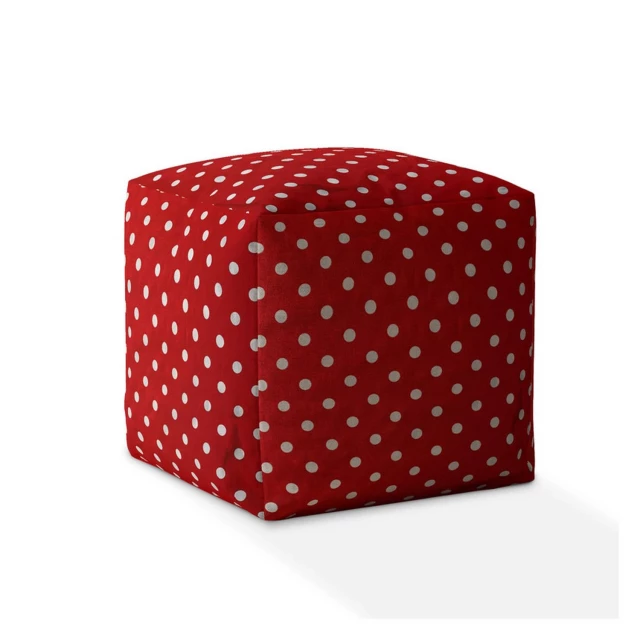 Red cotton polka dot pouf ottoman with patterned linens and magenta accents