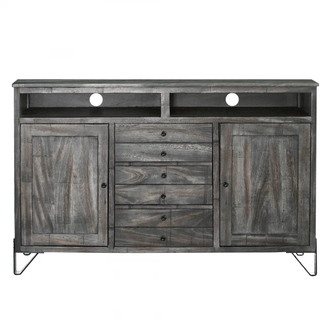 Distressed TV stand with enclosed cabinet storage and multiple drawers