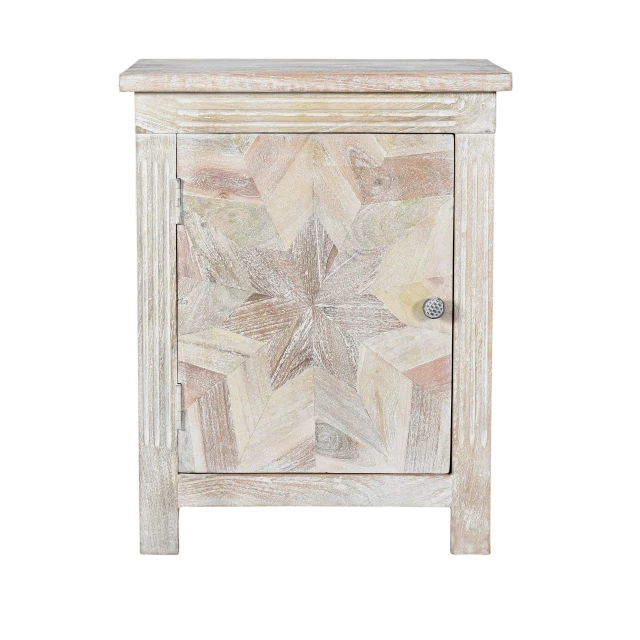 White starburst geometric solid wood nightstand with clock on hardwood table