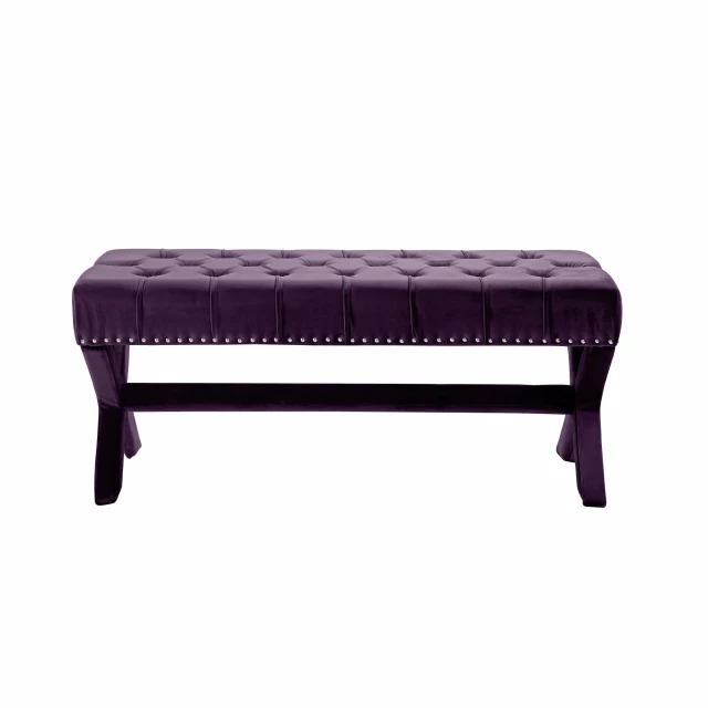 Plum purple upholstered velvet bench with wooden legs and rectangular shape for elegant home furniture decor