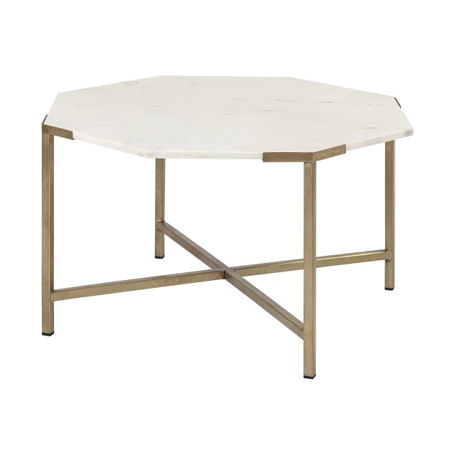 alt=Genuine marble metal hexagon coffee table in a stylish outdoor setting