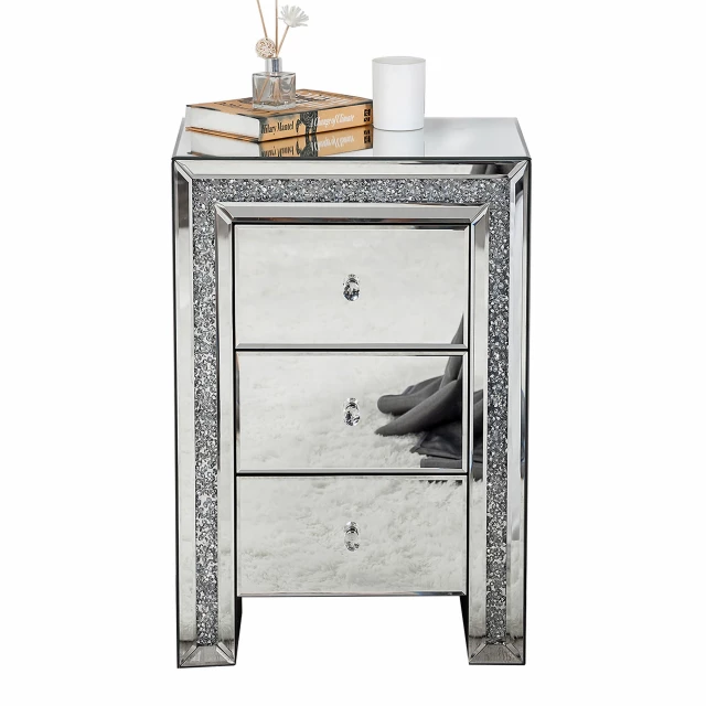 Silver drawer mirrored nightstand with reflective surface and modern handles