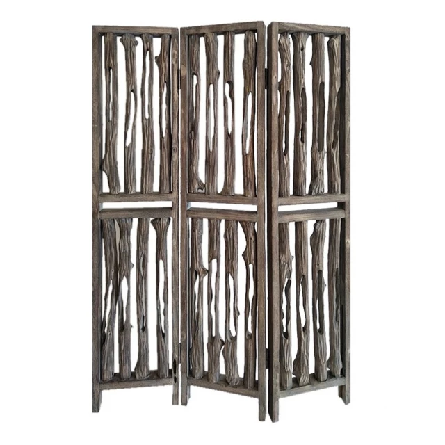 weathered brown wood wrightwood screen with metal accents and artistic pattern