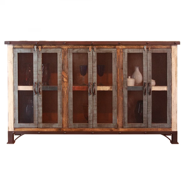 Brown solid manufactured wood distressed credenza with shelves and bookcase design suitable for outdoor use