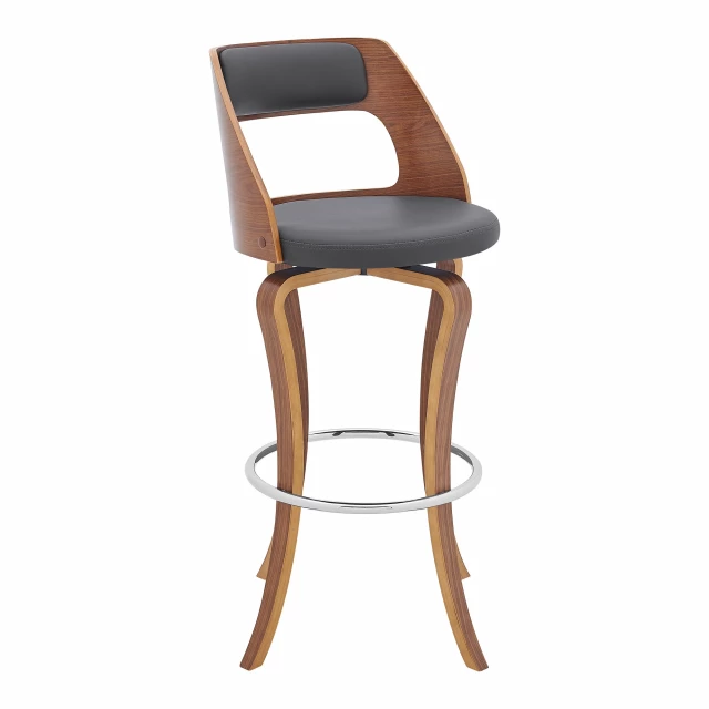 Leather swivel bar height chair with armrests and hardwood base