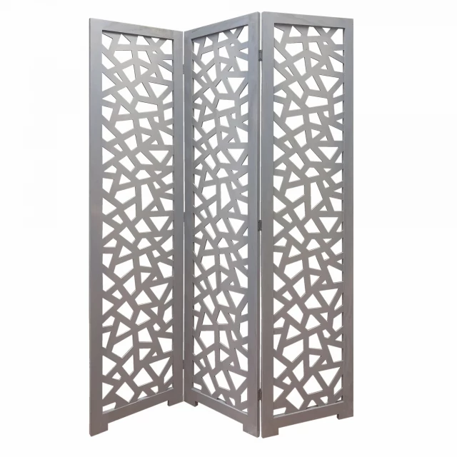 Gray wood screen with patterned metal frame and glass accents for home decor