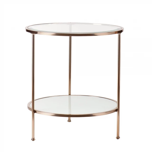 Glass iron round end table with shelf and tableware display in a furniture setting
