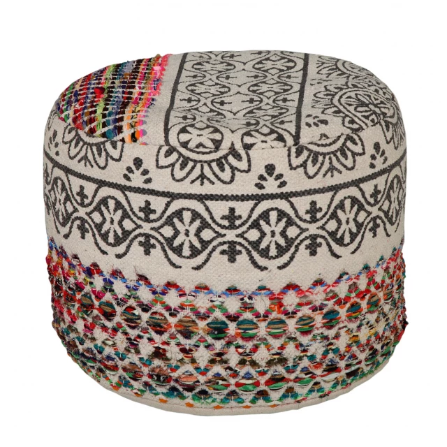 Multicolored cotton blend ottoman with creative arts pattern and oval rectangle shapes