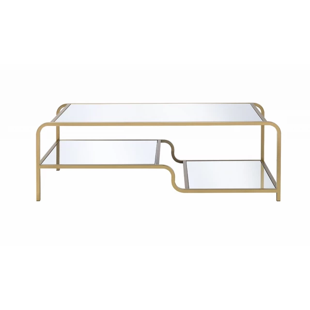 Gold clear glass metal coffee table with wood accents and modern design
