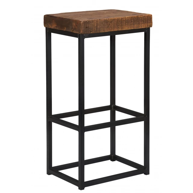Metal backless bar height chair with wood accents and shelving display