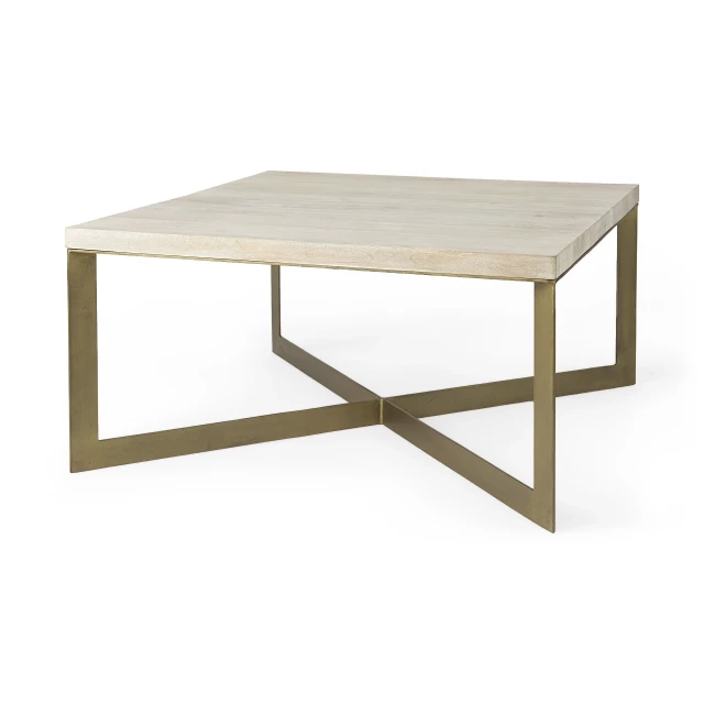 Light brown wood metal coffee table in a rectangle shape with hardwood finish and outdoor furniture style