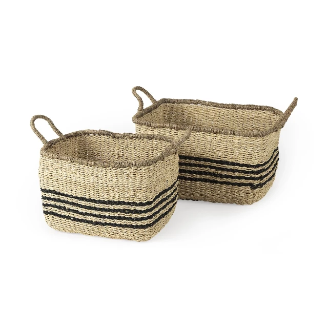 striped wicker storage baskets with handles in beige rectangular design