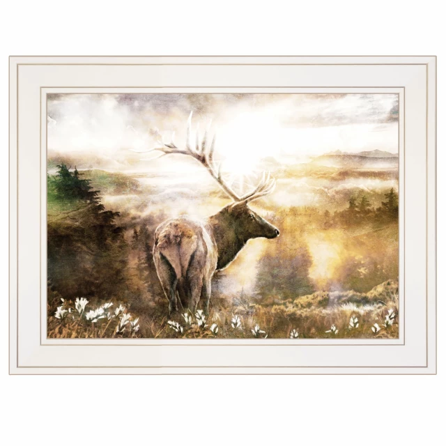 Elk white framed print wall art featuring a fawn in natural landscape with plants and grass