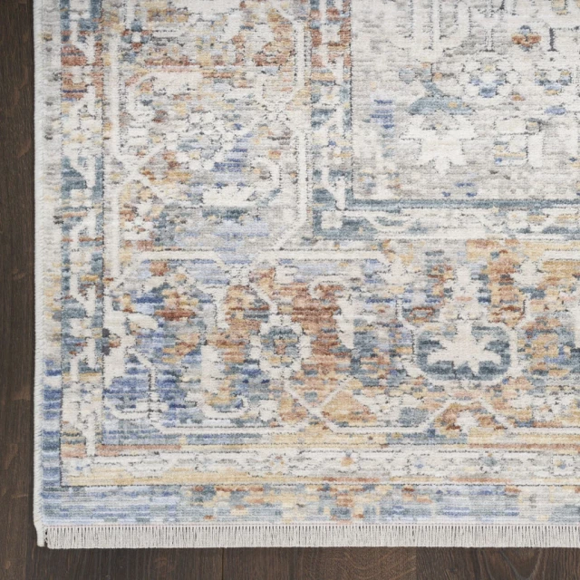 oriental power loom distressed runner rug in brown with beige pattern on wood floor