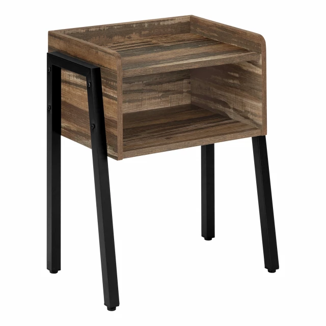 Black brown end table shelf with wood plank design suitable for outdoor use
