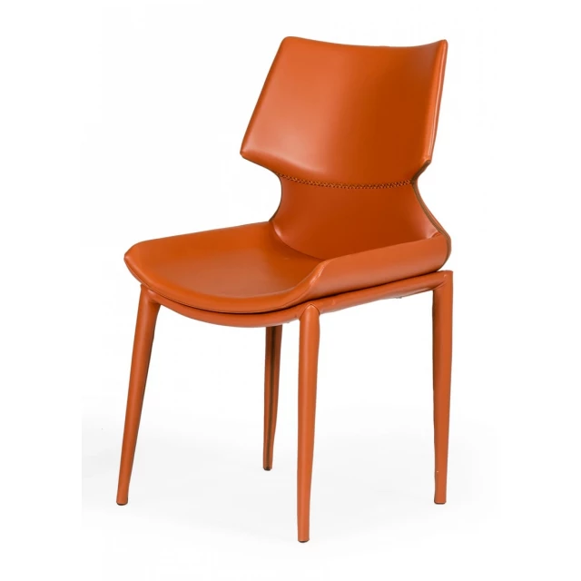 Cognac faux leather wrapped dining chairs with wood table and comfortable outdoor setting
