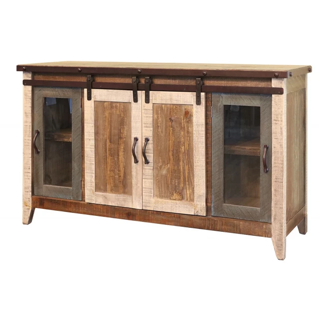Distressed wood TV stand with enclosed cabinet storage and shelving