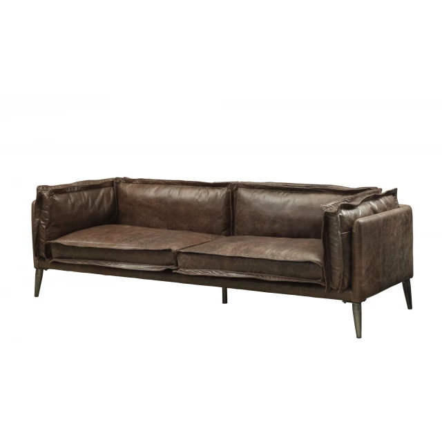Chocolate silver grain leather loveseat with comfortable brown cushions and wooden legs