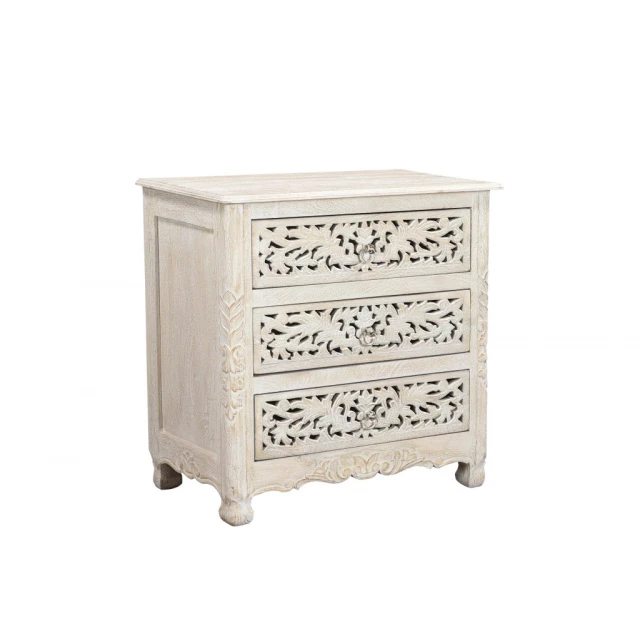 Solid wood nightstand with floral carving and multiple drawers