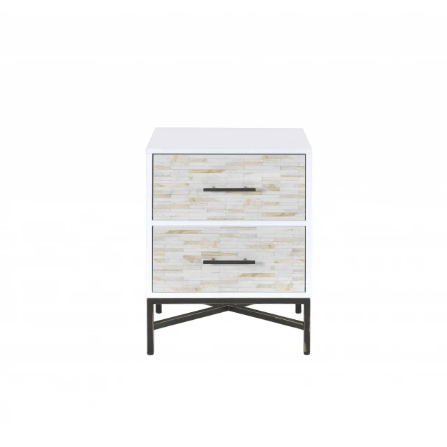 White and black wooden nightstand with drawers and shelf