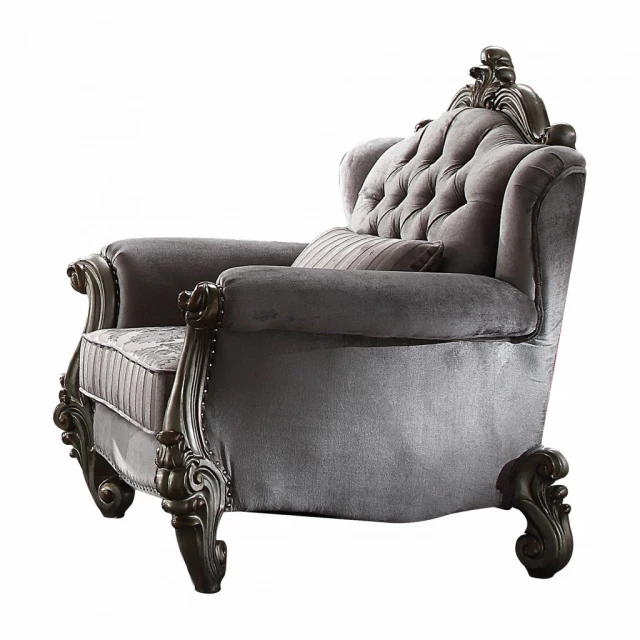 Platinum velvet floral tufted club chair with comfortable armrests and elegant design