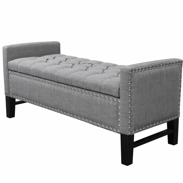 Linen bench flip top shoe storage with wood accents and comfortable cushion top