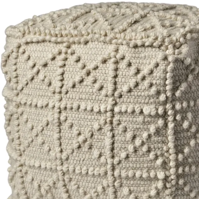 Ivory Wool Sqaure Pouf With Popcorn Detail Ivory Wool Sqaure Pouf With Popcorn Detail
