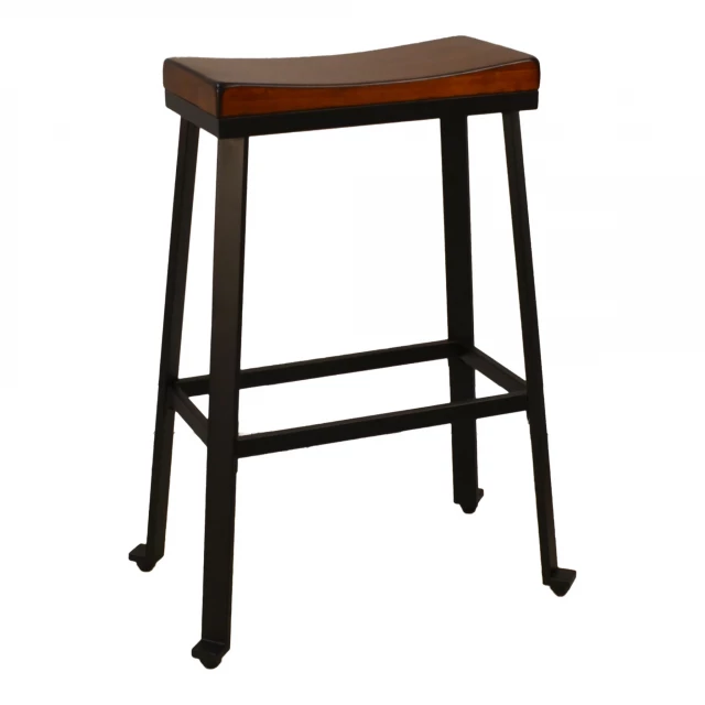 Steel backless bar height bar chair with wood finish in outdoor setting