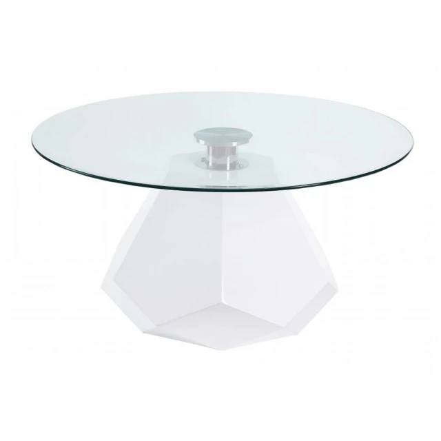 Glass manufactured wood round coffee table with circle and rectangle design elements