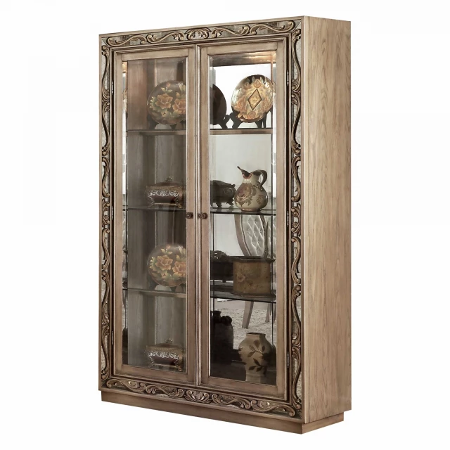 Antique gold curio cabinet with brown wood shelving and bookcase design