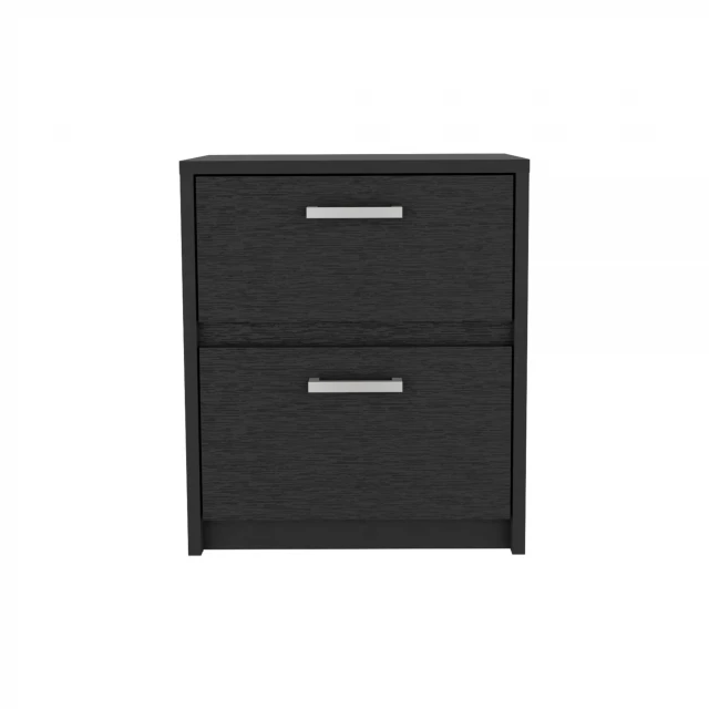 Black drawer nightstand with wood finish and modern rectangle design