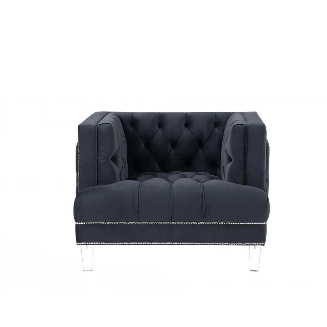 Charcoal velvet black tufted arm chair with comfortable armrests and elegant design