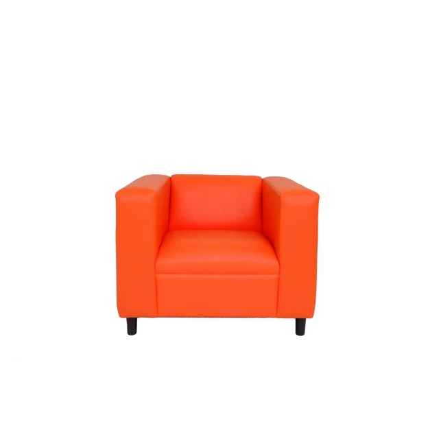 Orange black faux leather arm chair with wood armrests and comfortable studio couch design