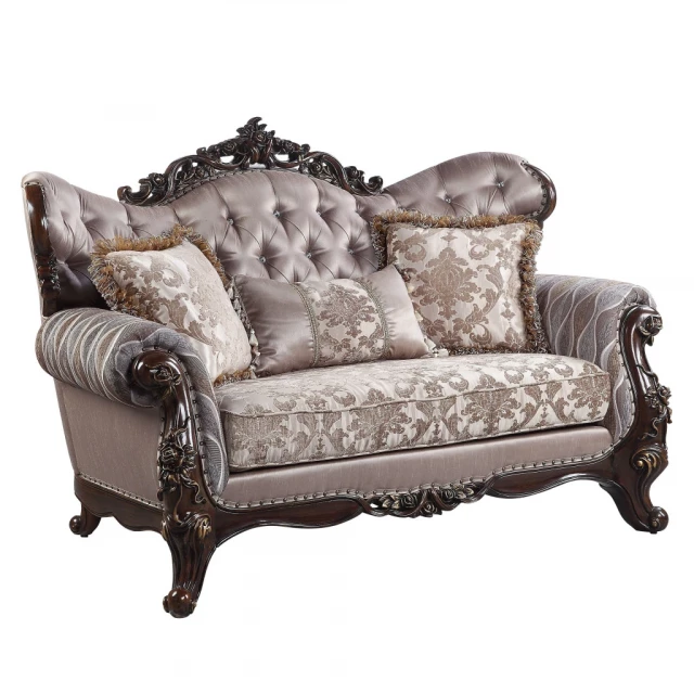 Pink brown loveseat with toss pillows and comfortable armrests for outdoor furniture
