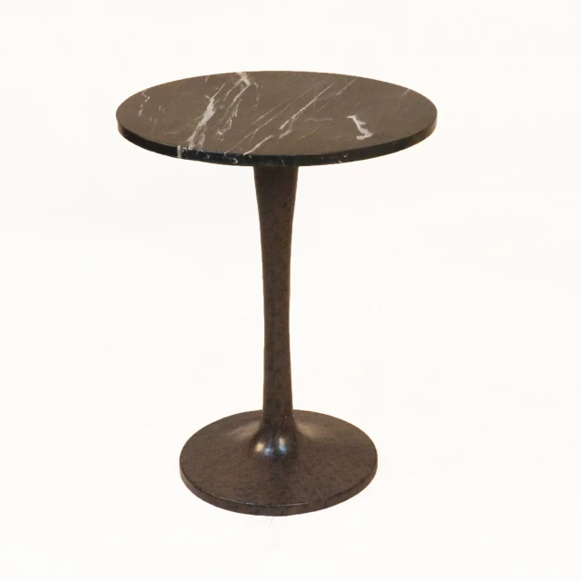 Black marble round end table with wood balance and metal art design